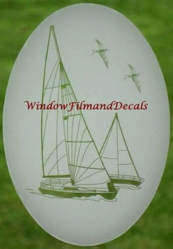 Sailboat Oval Etched Window Decal Vinyl Glass Cling 8" X 12" White Clear P923702