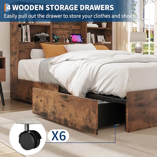 Full Size Wood Bed Frame with 4 Storage Drawers, Bookcase Headboard, Charging Station, Vintage Brown F71161