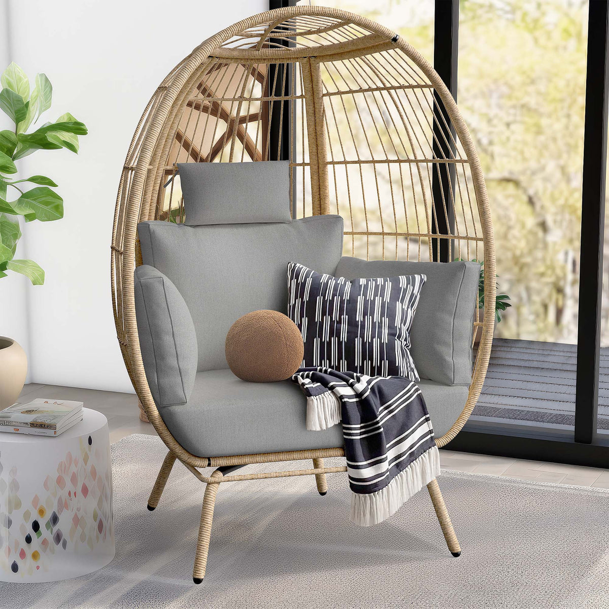 Oversized Wicker Egg Chair with Stand and Beige Cushions Y432