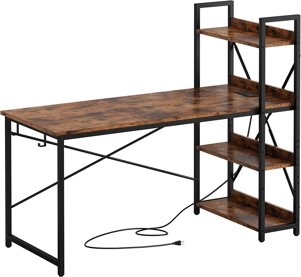 55" Computer Desk with Power Outlet and Storage Shelves X118
