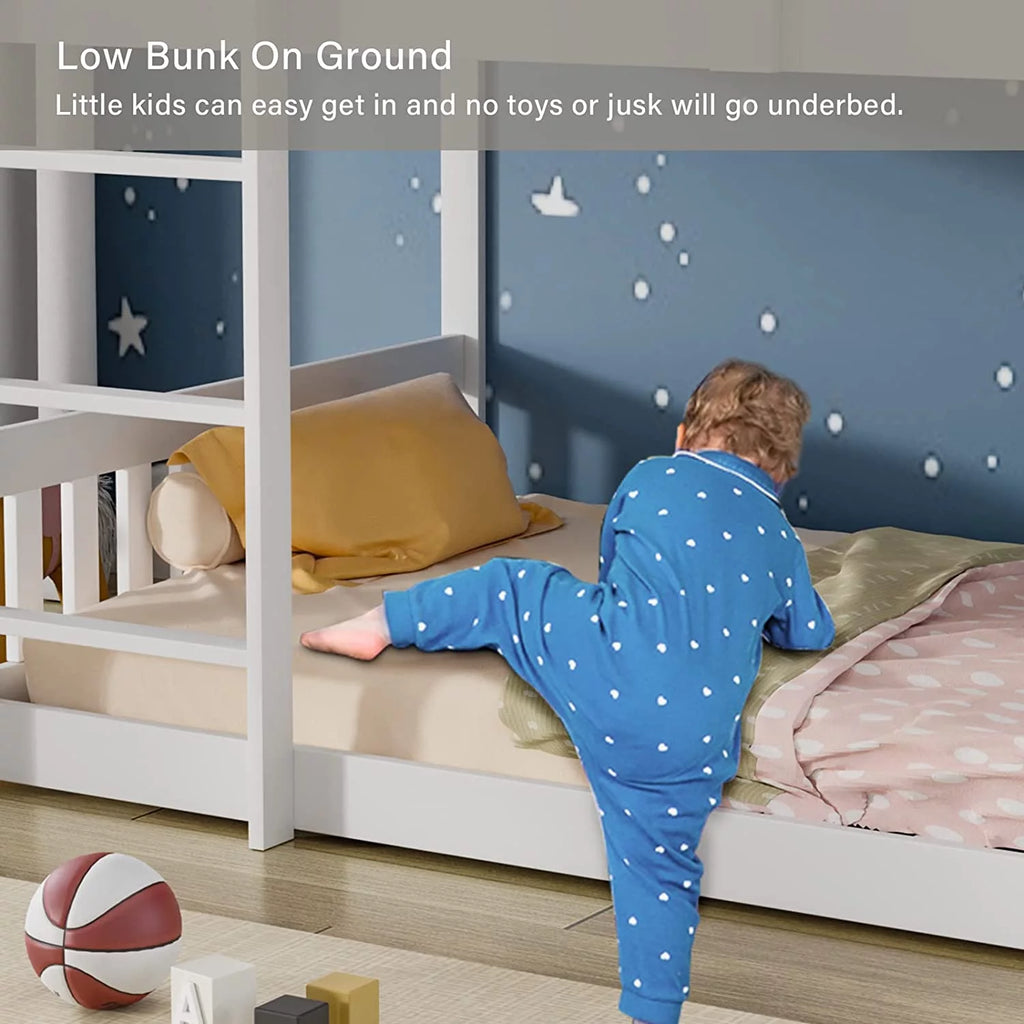 White Wood Twin Over Twin Bunk Bed with Guardrails & Ladder N873