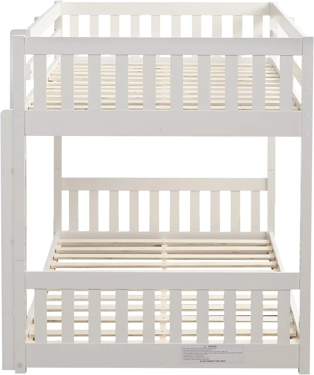 White Wood Twin Over Twin Bunk Bed with Guardrails & Ladder N873