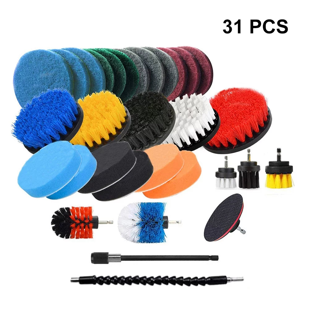 31PCS Electric Drill Brush Set with Cloth Scrub Pads Sponge Extendable Long Attachment Power Scrubber O511