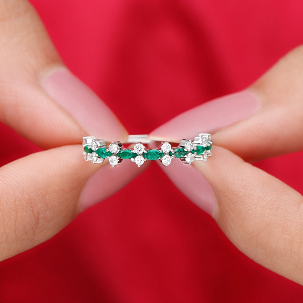 Marquise Emerald Ring with Diamond, 925 Sterling Silver H70733