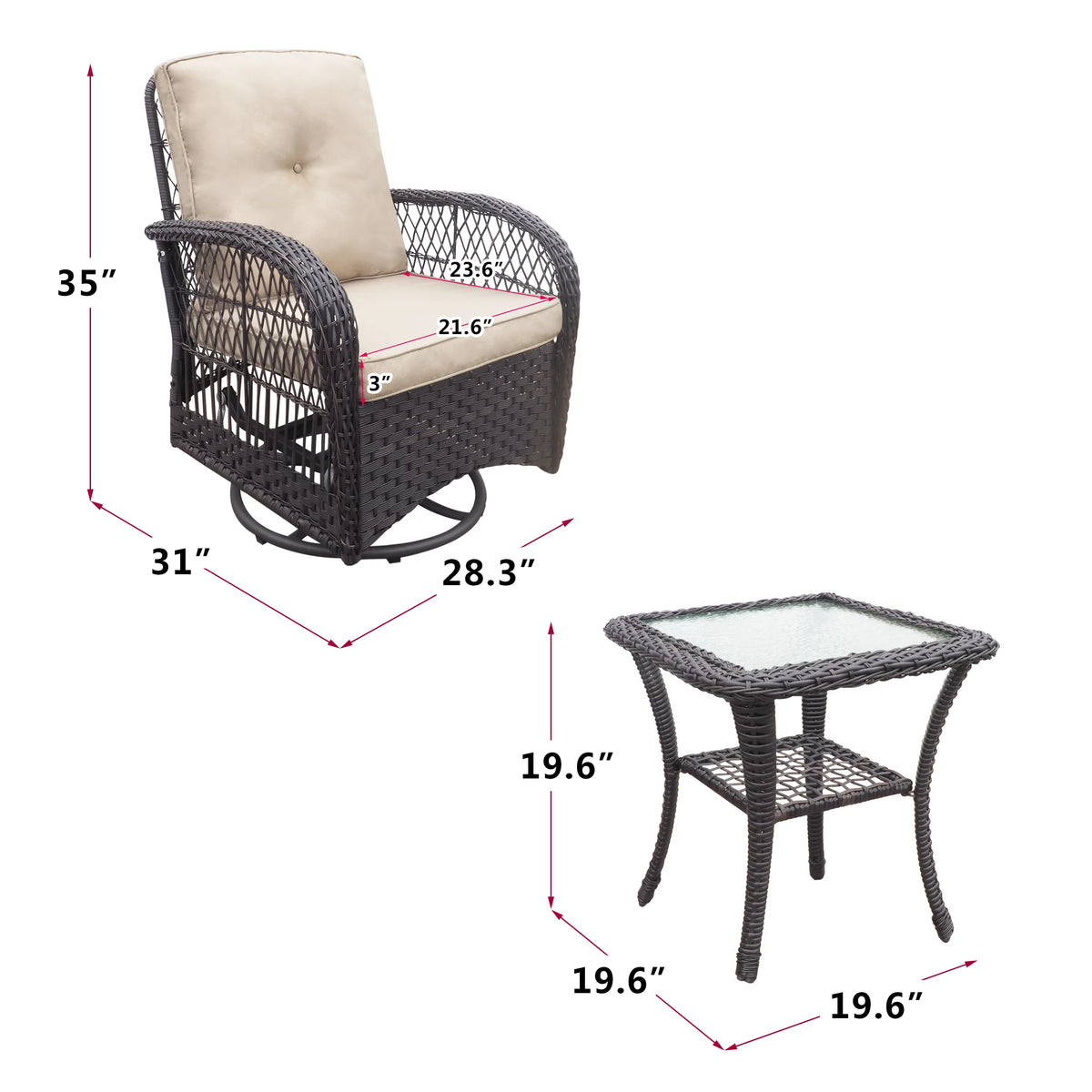 Khaki Wicker Swivel Rocker Chairs with Table D171