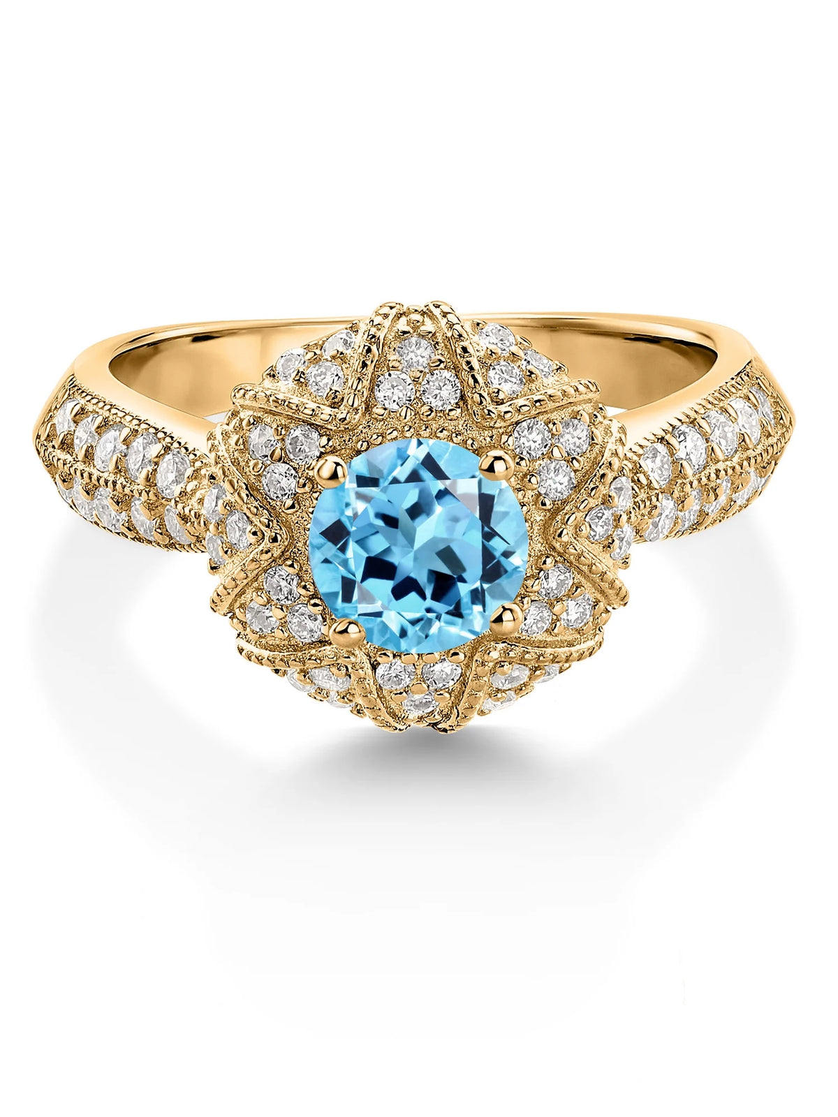 18K Yellow Gold Plated Silver Swiss Blue Topaz and White Moissanite Engagement Ring M28423