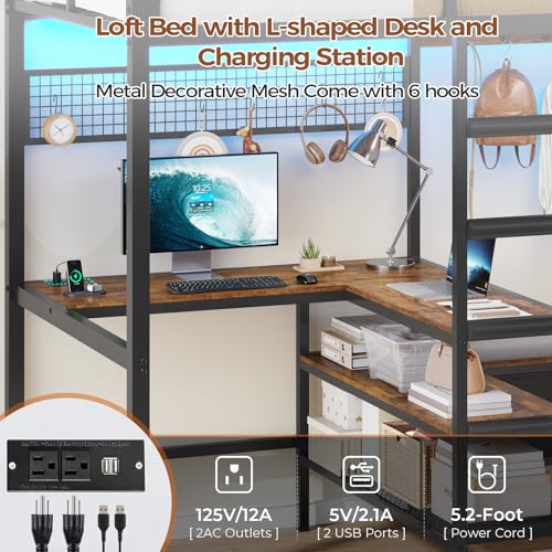 Twin Size Black Metal Loft Bed with Desk and Storage Q421
