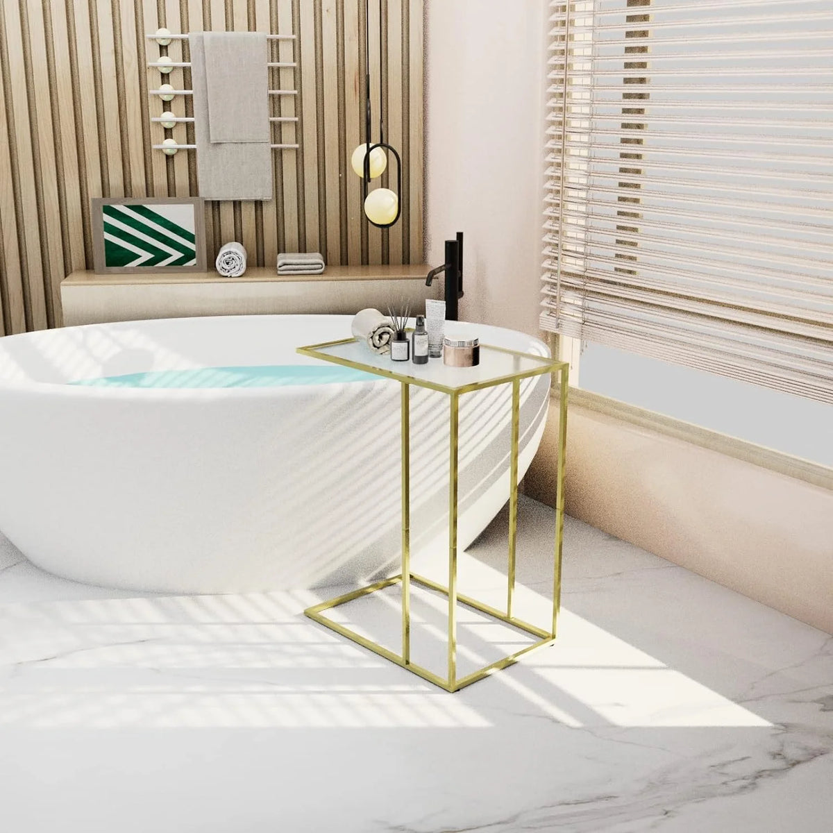 C Shaped Glass End Table with Metal Frame I58909