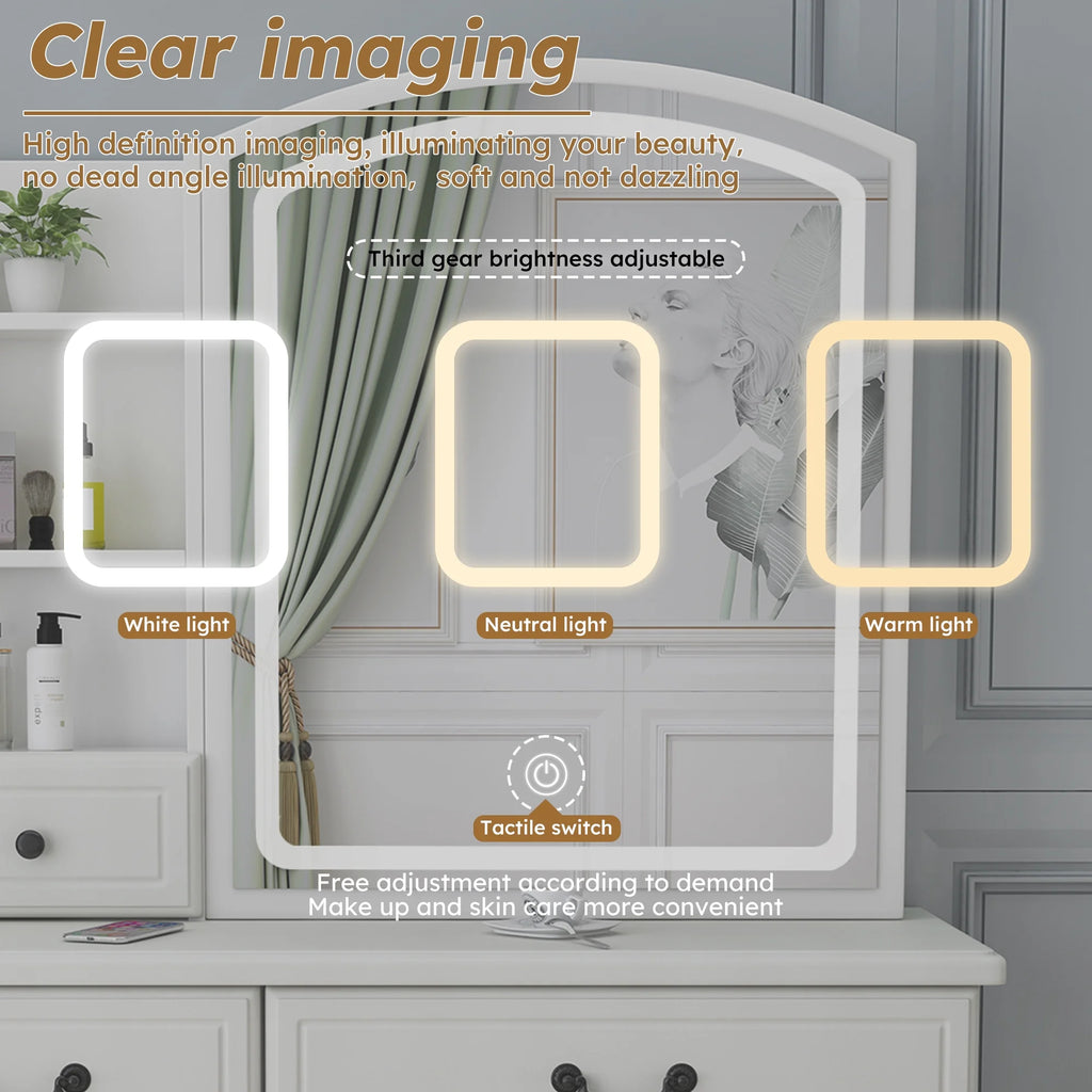 White Vanity Desk with Mirror and LED Lights J186324