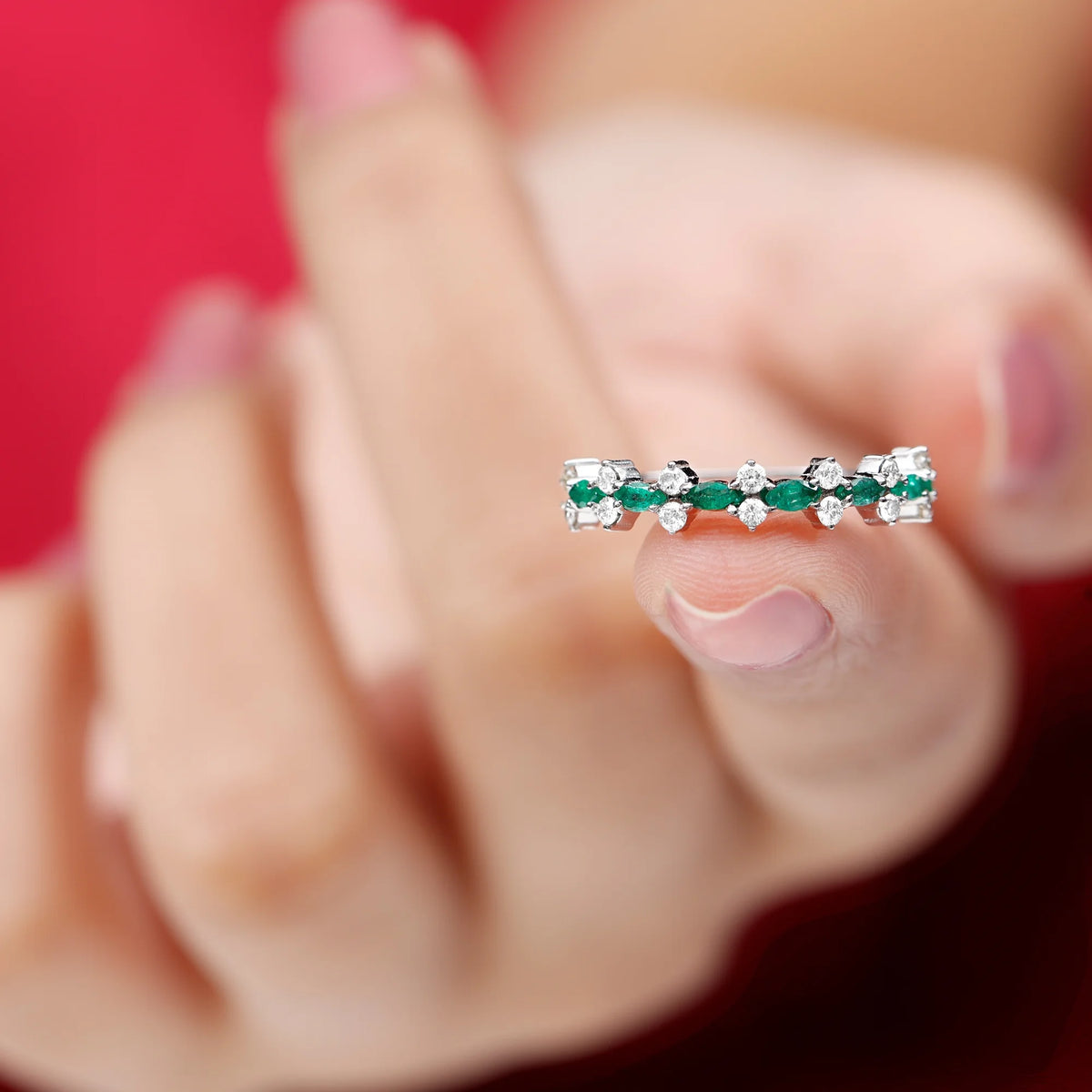 Marquise Emerald Ring with Diamond, 925 Sterling Silver H70733