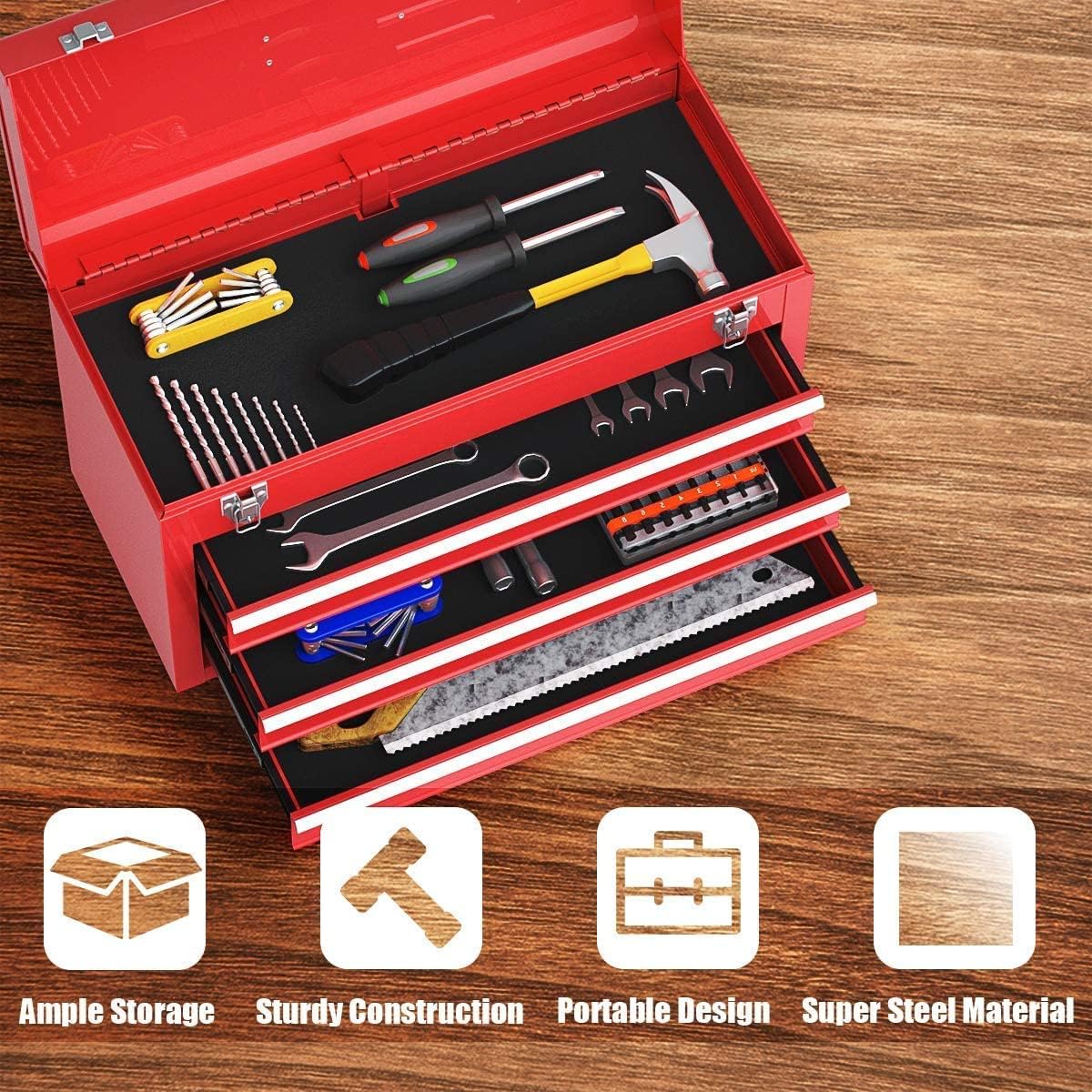 Red 3 Drawer Lockable Steel Tool Chest Cabinet with Top Tray S593250