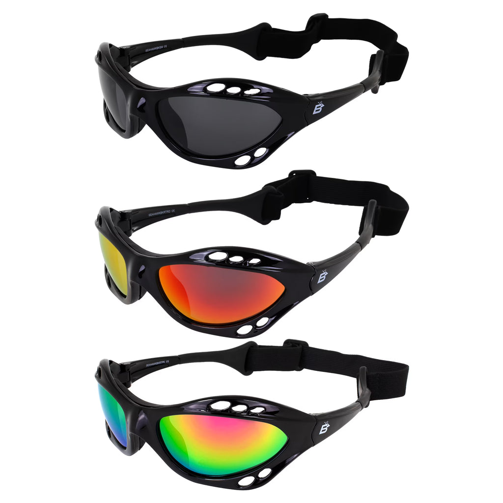 3 Pairs Padded Polarized Sunglasses with Strap Black Frame Smoke Red & Pink Mirror Lenses W293870