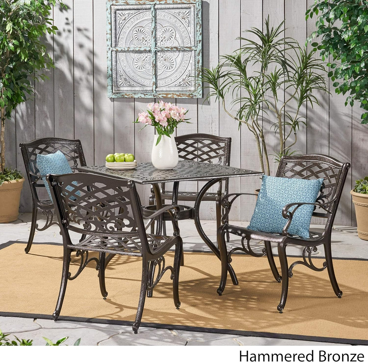 Hammered Bronze Cast Aluminum 5 Pcs Outdoor Dining Set I382973