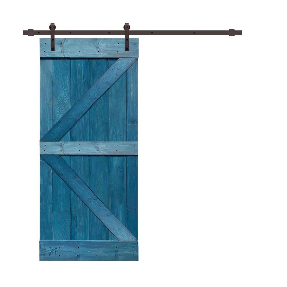 Ocean Blue Stained Wood Interior Sliding Barn Door with Hardware Kit O774007