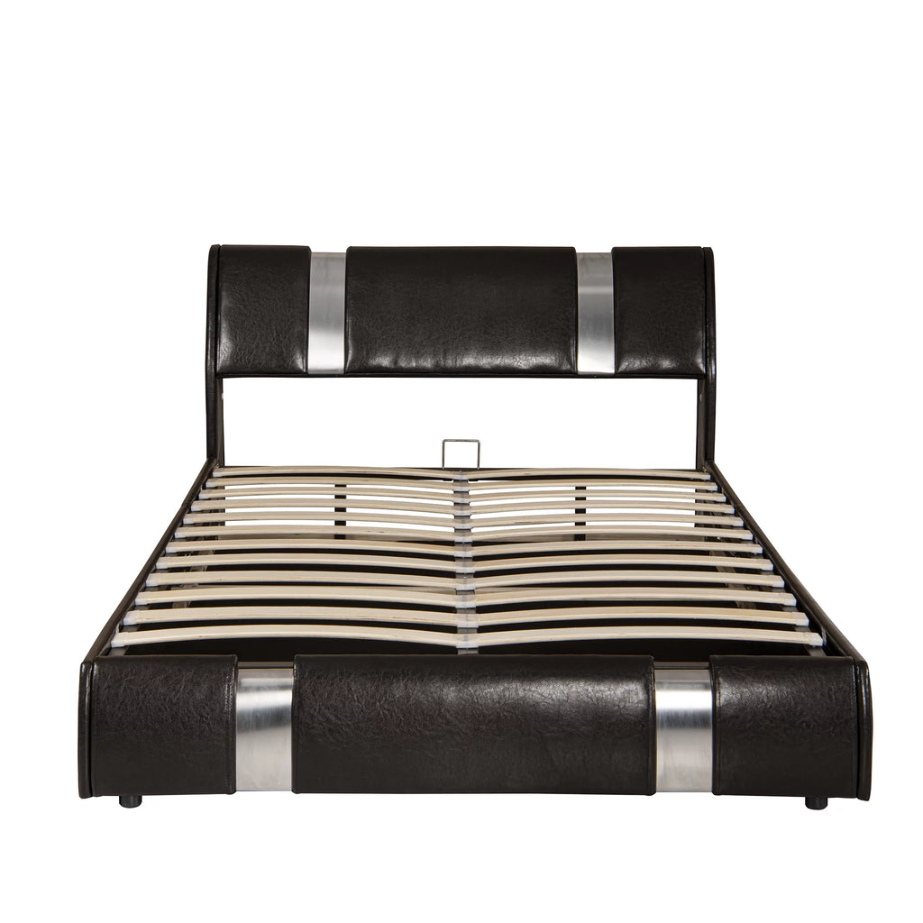 Brown Queen Size Faux Leather Upholstered Platform Bed with Lift Up Storage Y3274