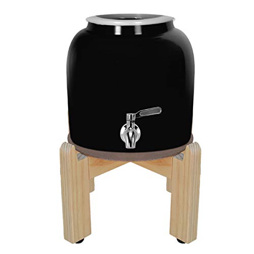 Porcelain Ceramic Crock Water Dispenser with 8 Inch Wood Stand and Stainless Steel Faucet R841738