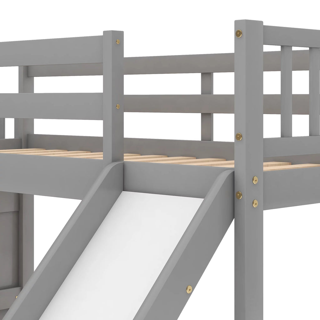 Gray Twin Over Twin Wooden Bunk Bed with Slide and Stairs L5432