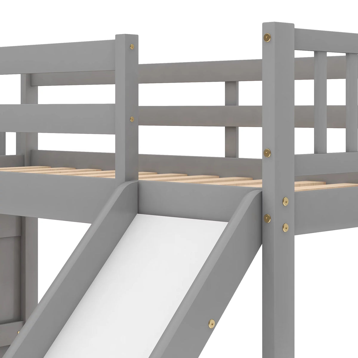 Gray Twin Over Twin Wooden Bunk Bed with Slide and Stairs L5432