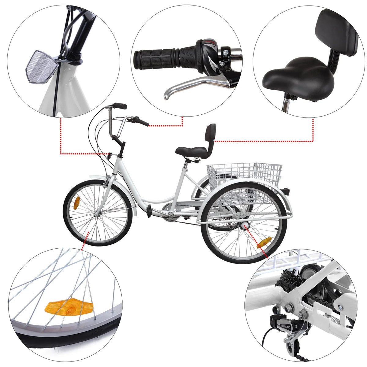 7-Speed 24 Adult 3-Wheel Tricycle with Basket White P347