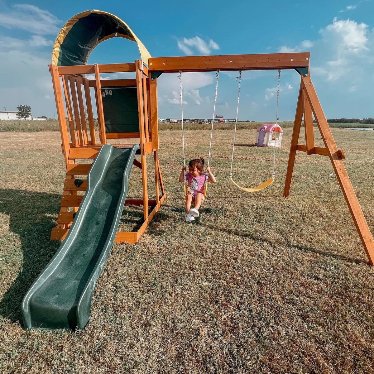 Wooden Outdoor Swing Set with Slide and Rock Wall K19195
