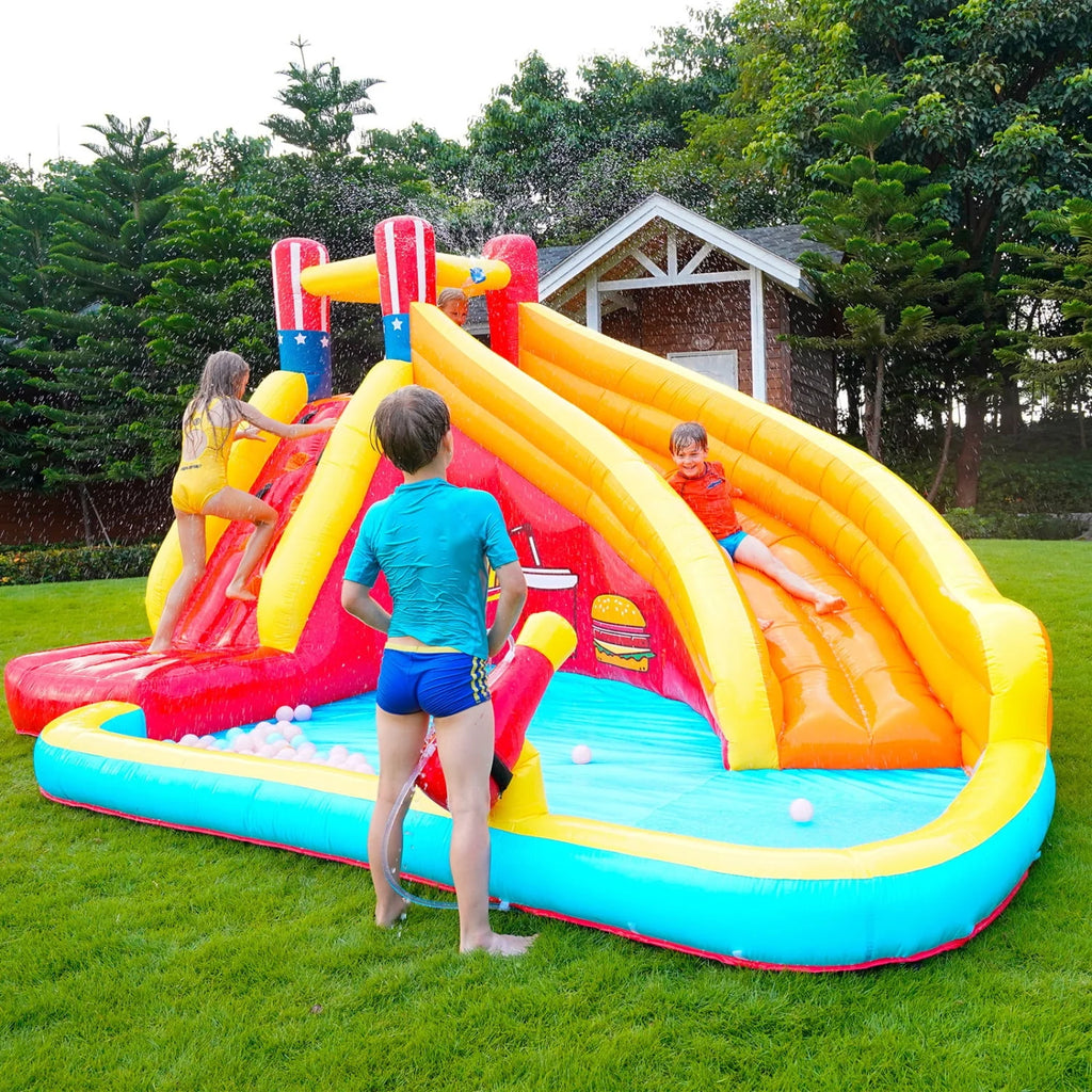 Inflatable Water Slide Splash Toy with Climbing Wall, Splash Pool, Water Cannon, Blower, Sprinkler, Stakes, Repair Patches, Storage Bag U64735