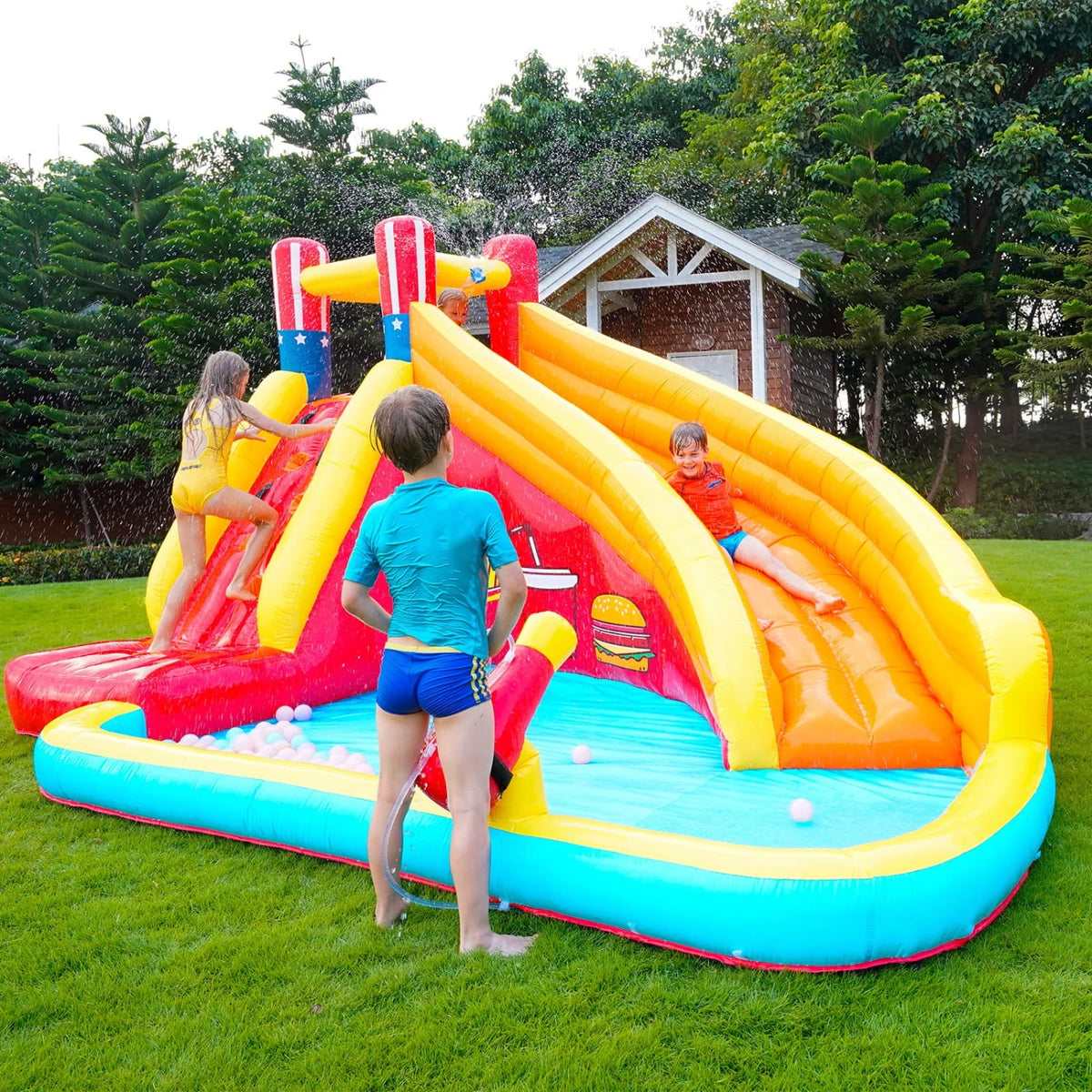 Inflatable Water Slide Splash Toy with Climbing Wall, Splash Pool, Water Cannon, Blower, Sprinkler, Stakes, Repair Patches, Storage Bag U64735
