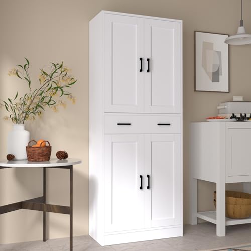 White 71" Tall Wooden Kitchen Storage Cabinet with Doors and Drawer Y182