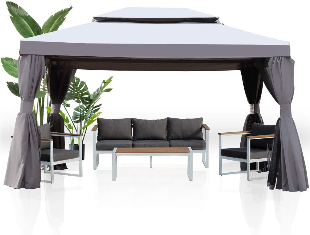 2-Tier Patio Gazebo with Mosquito Netting and Shade Curtains I571758