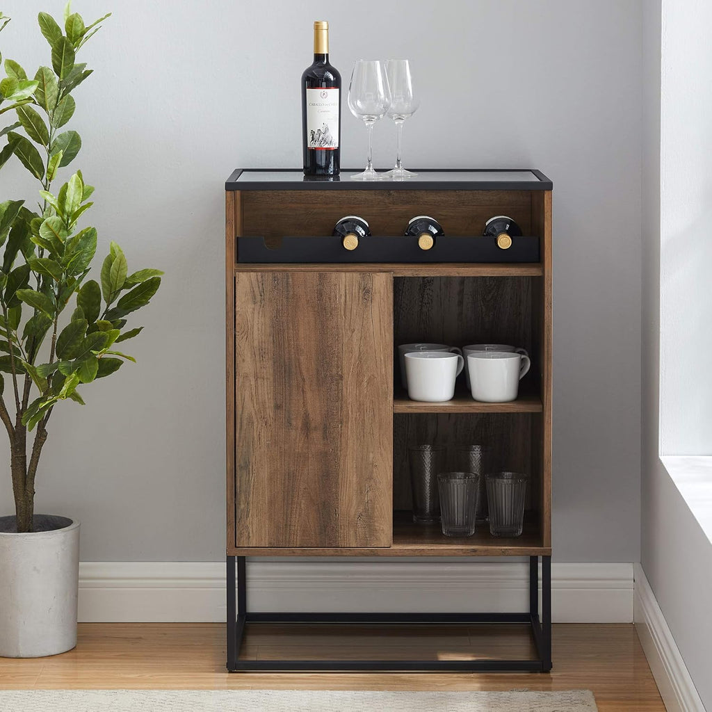 Rustic Oak Wood and Glass Bar Cabinet I3208
