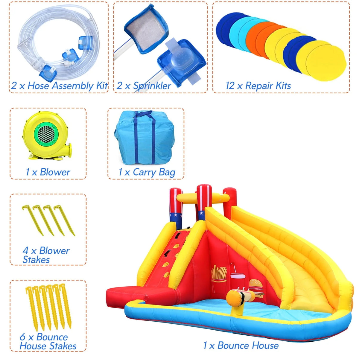 Inflatable Water Slide Splash Toy with Climbing Wall, Splash Pool, Water Cannon, Blower, Sprinkler, Stakes, Repair Patches, Storage Bag U64735