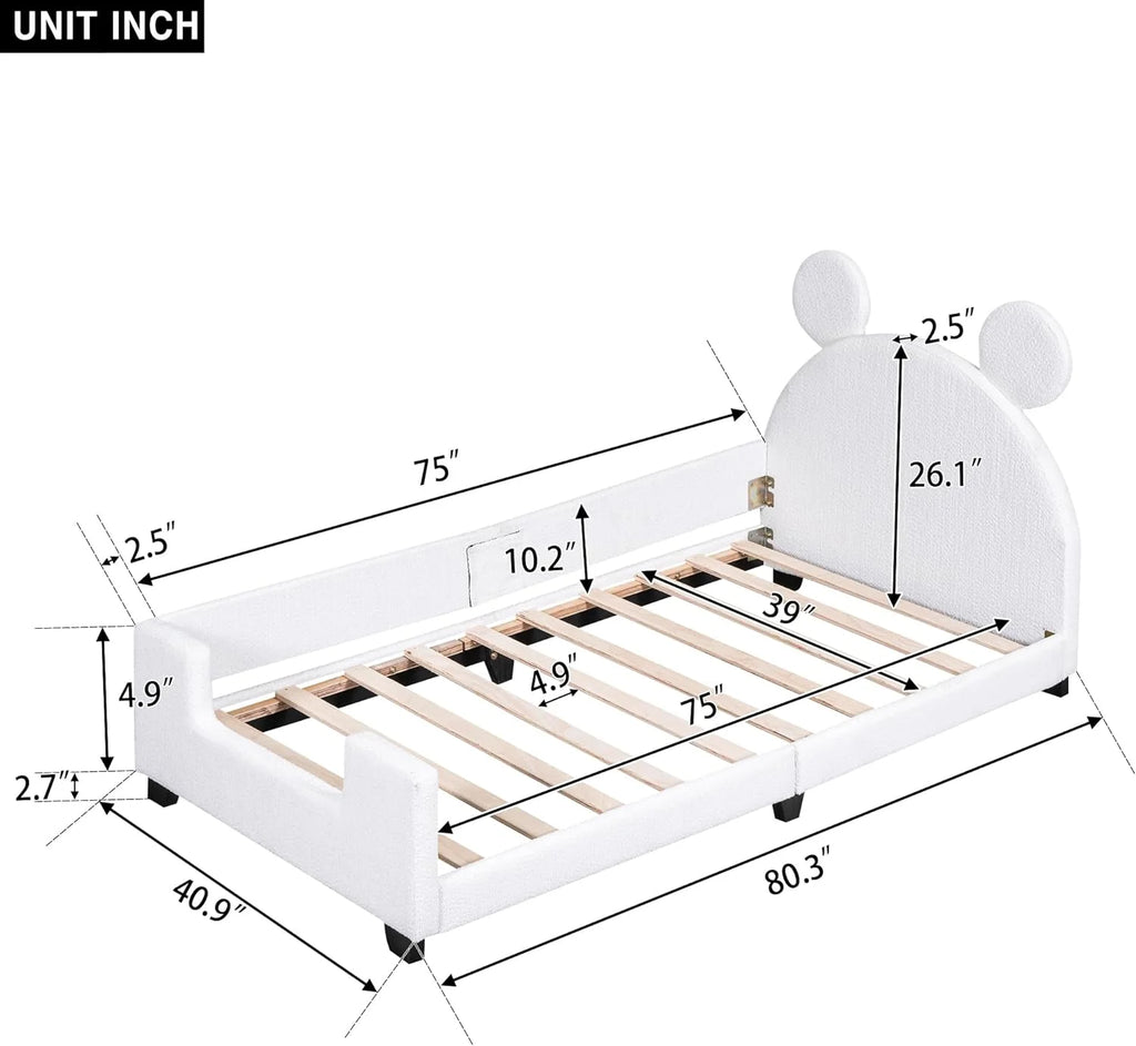 White Upholstered Bed with Bear Shaped Headboard Z138