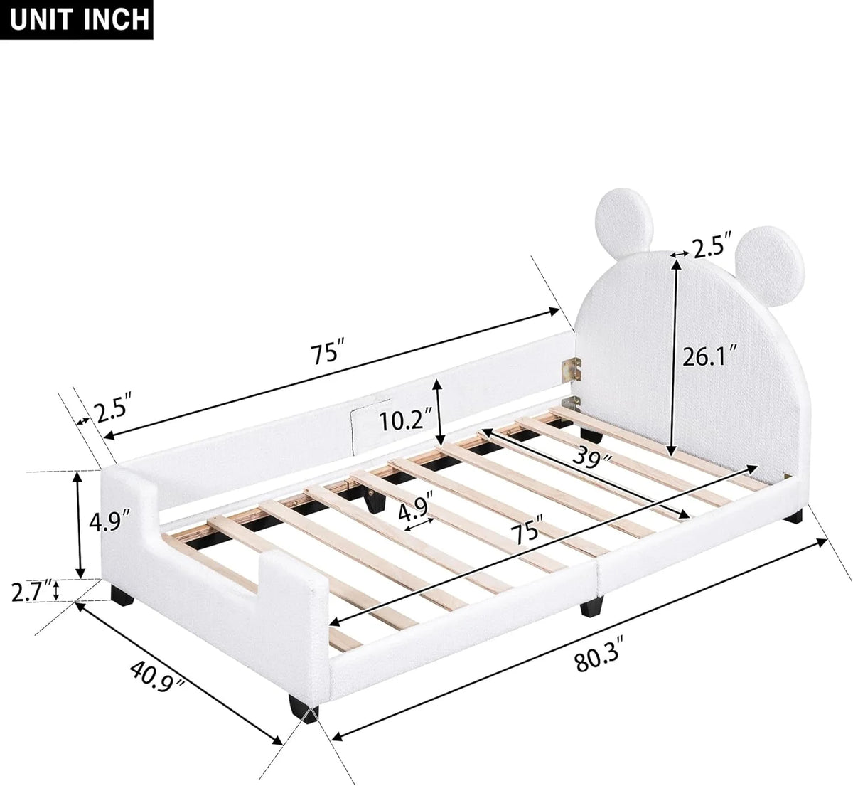 White Upholstered Bed with Bear Shaped Headboard Z138