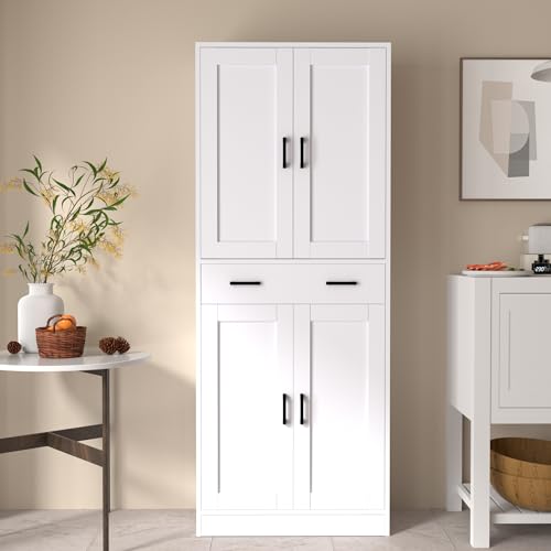 White 71" Tall Wooden Kitchen Storage Cabinet with Doors and Drawer Y182