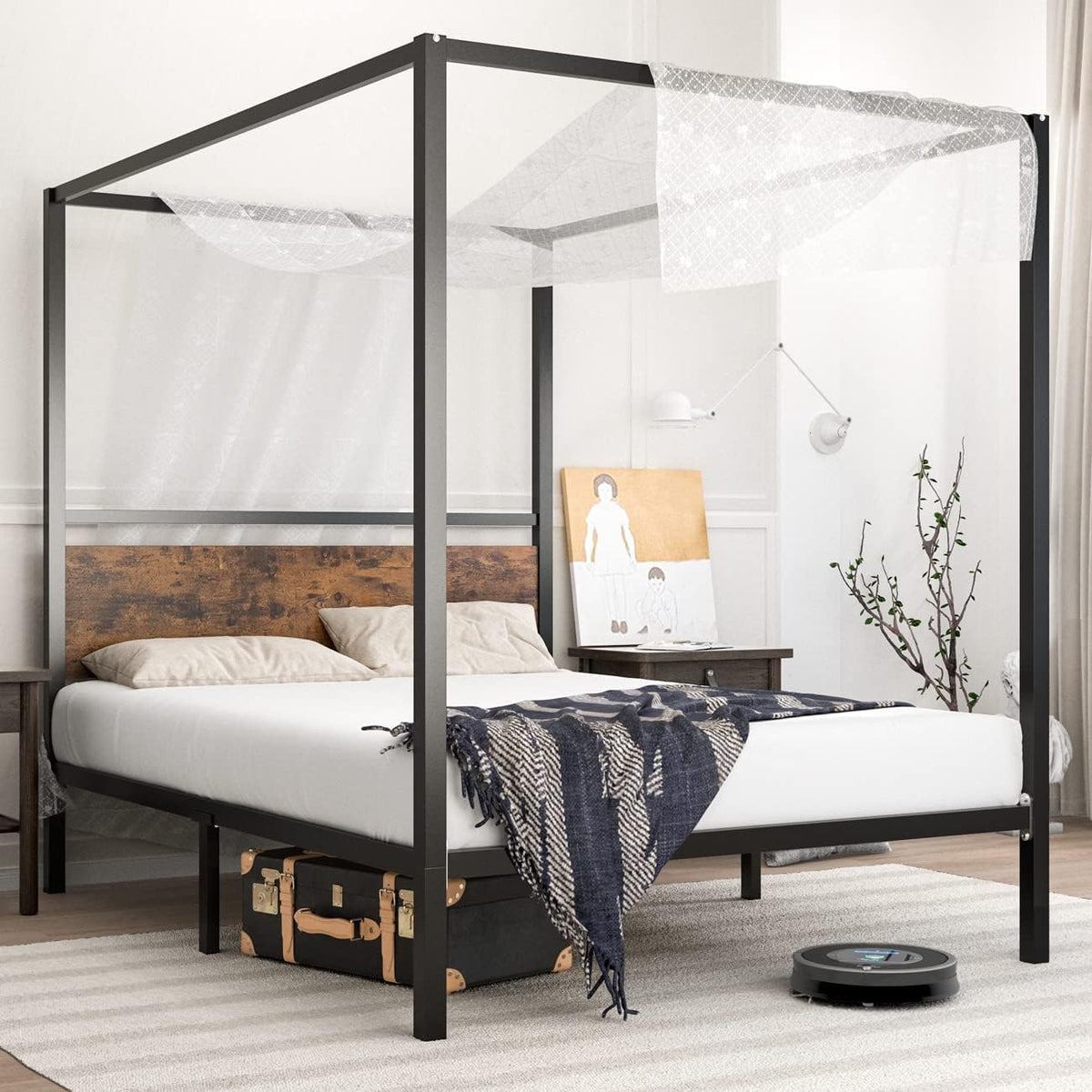 Black Metal Canopy Platform Bed Frame, Full Size Y742533