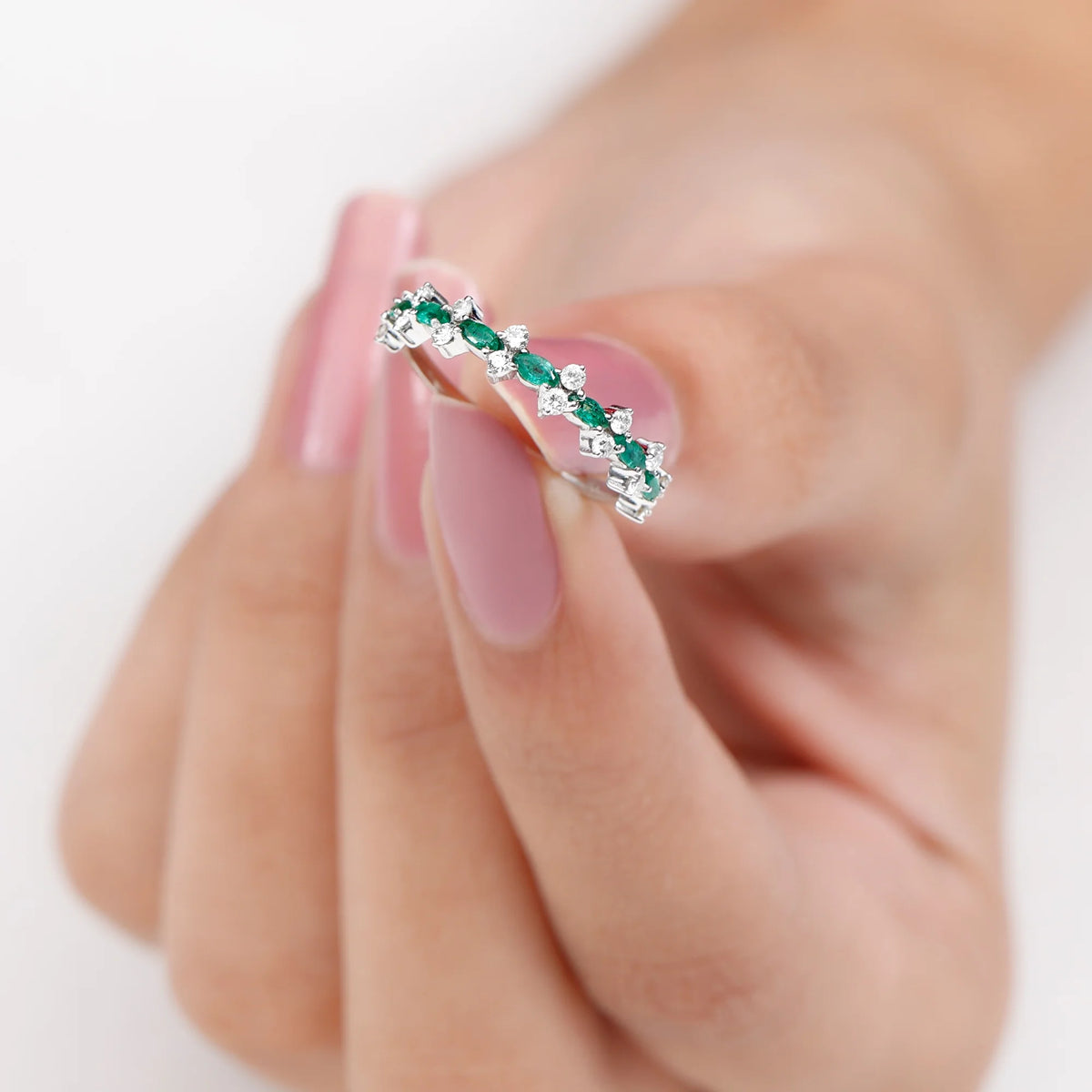 Marquise Emerald Ring with Diamond, 925 Sterling Silver H70733