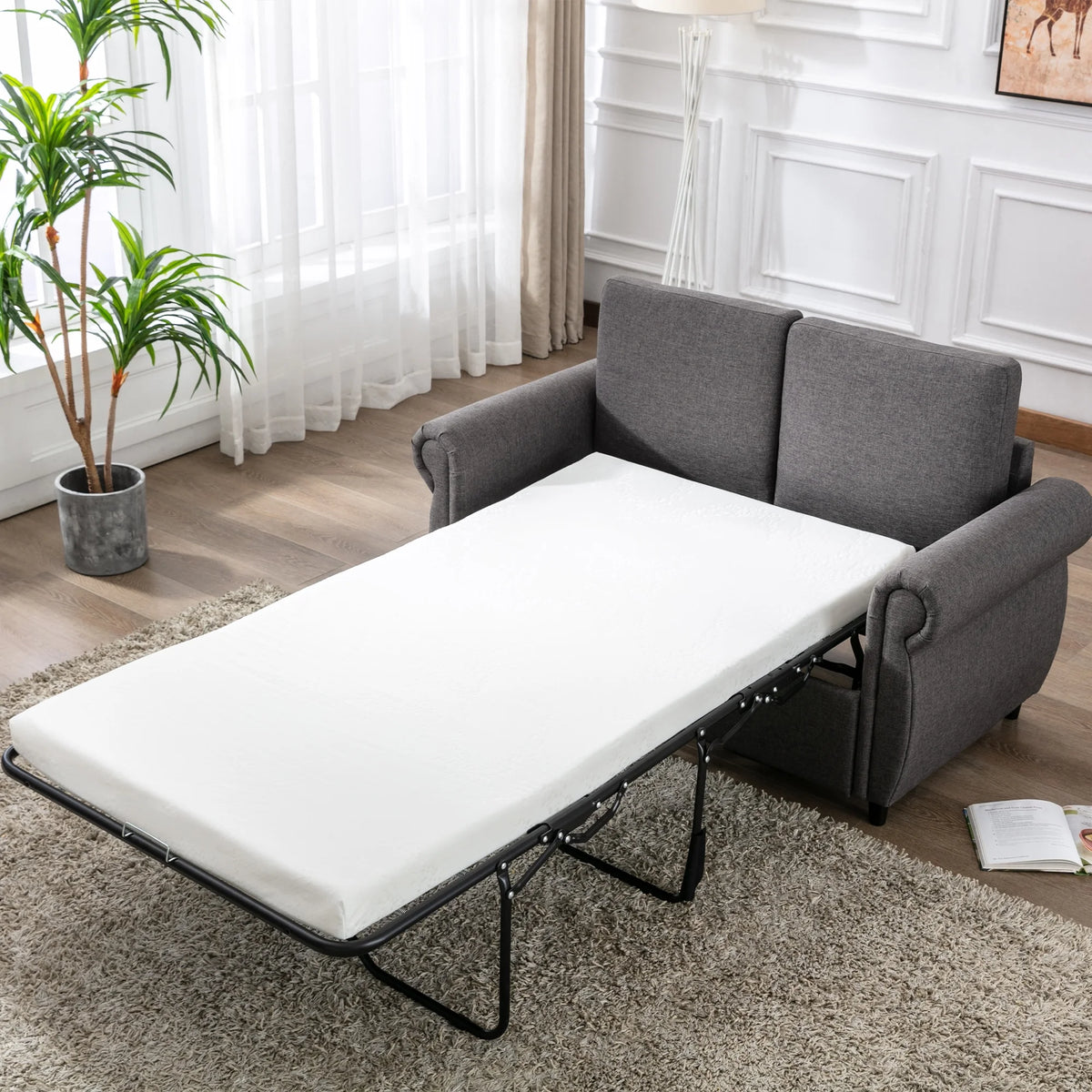 57.5" Gray Pull Out Sofa Bed with Twin Size Memory Mattress C292159