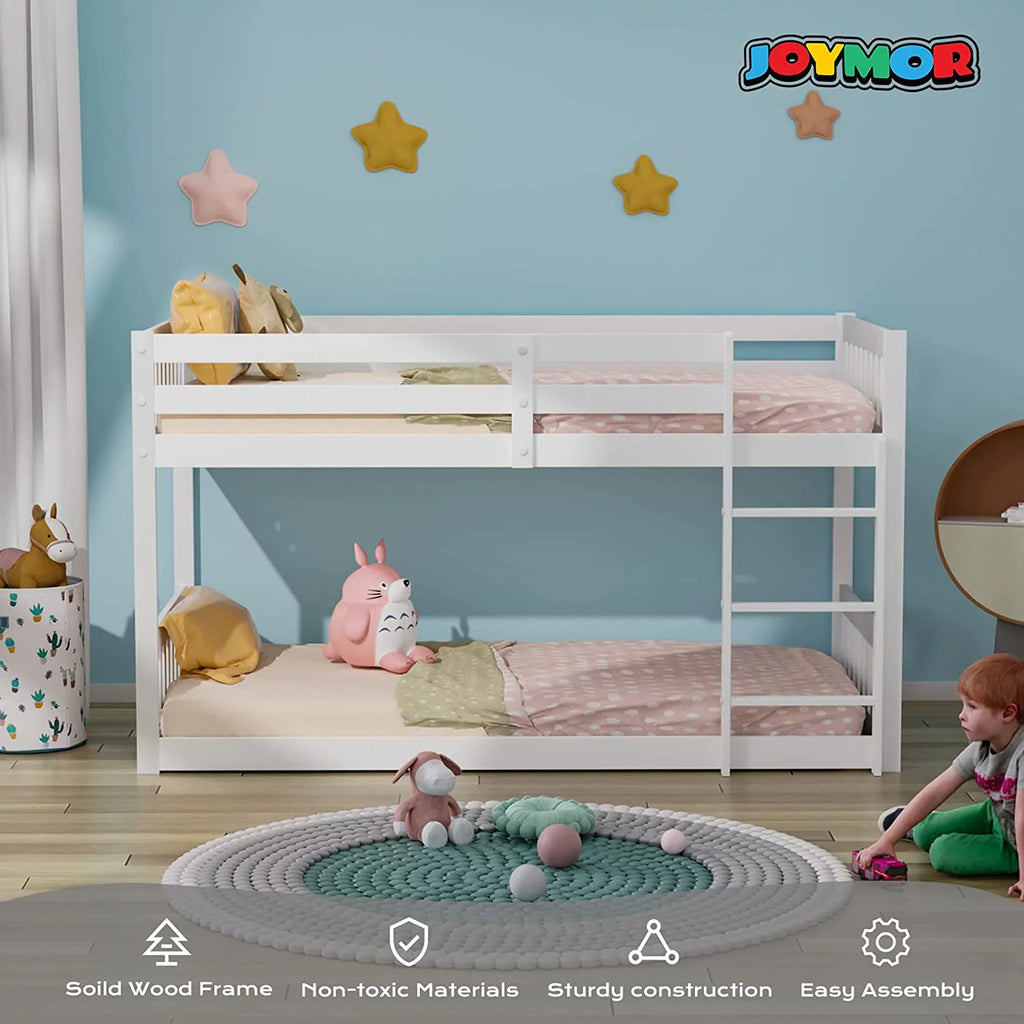 White Wood Twin Over Twin Bunk Bed with Guardrails & Ladder N873