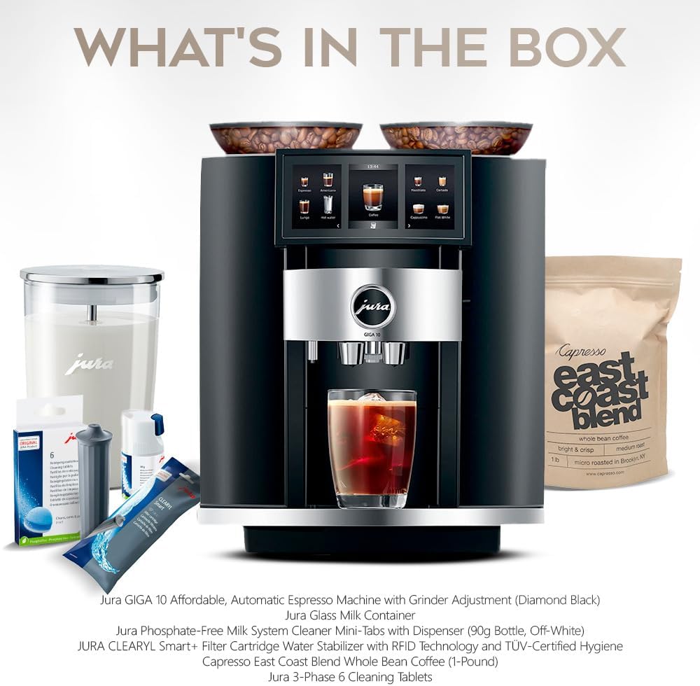 Diamond Black Automatic Espresso Machine Bundle with Water Stabilizer, Milk System Cleaner Mini-Tabs, Cleaning Tablets, Milk Containers, and Coffee Bean (6 Items) W2163