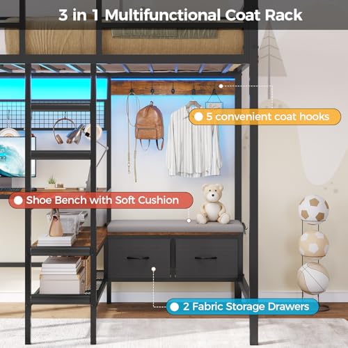 Twin Size Black Metal Loft Bed with Desk and Storage Q421