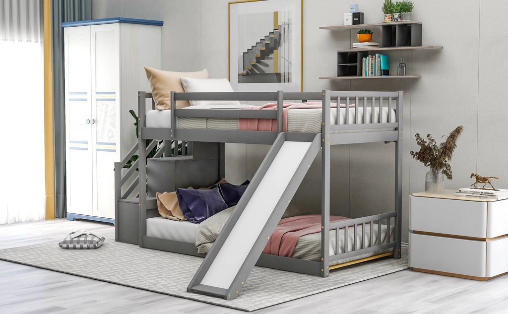 Gray Twin Over Twin Wooden Bunk Bed with Slide and Stairs L5432