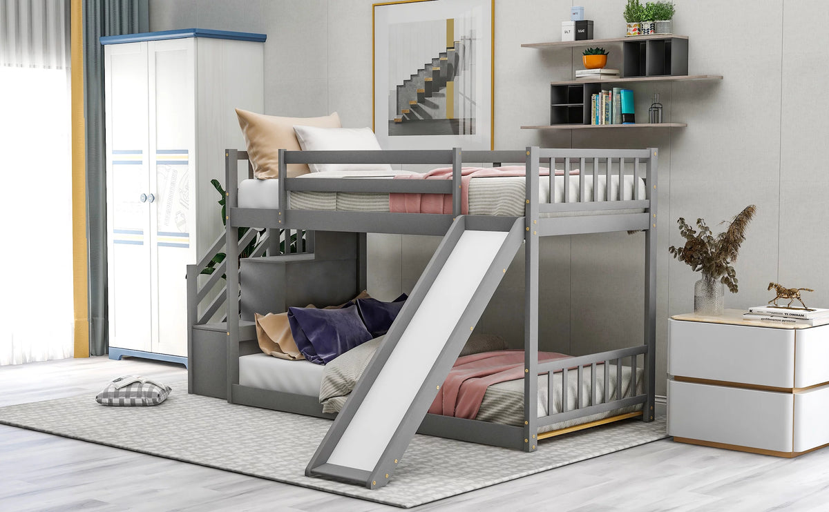 Gray Twin Over Twin Wooden Bunk Bed with Slide and Stairs L5432