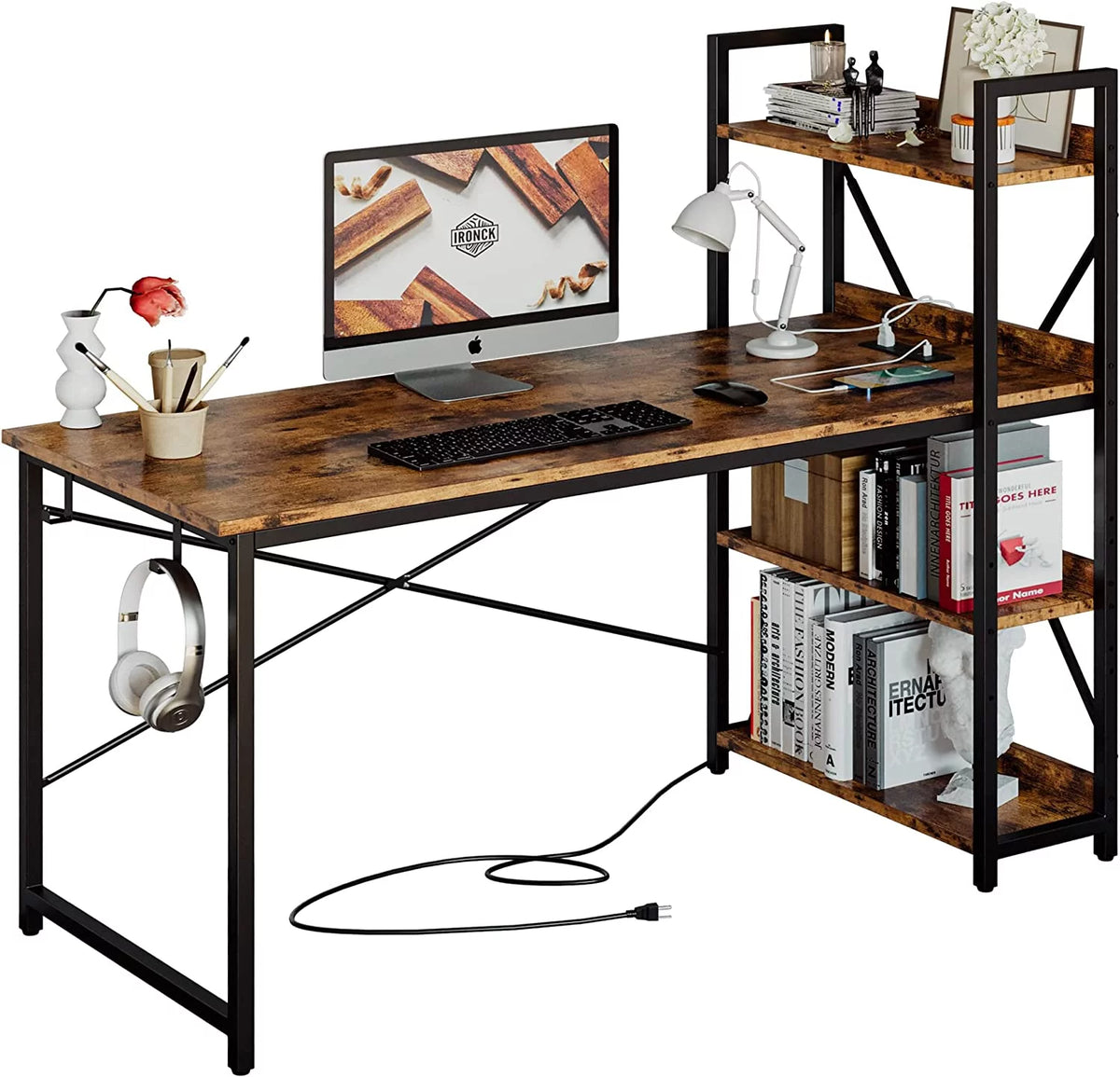 55" Computer Desk with Power Outlet and Storage Shelves X118