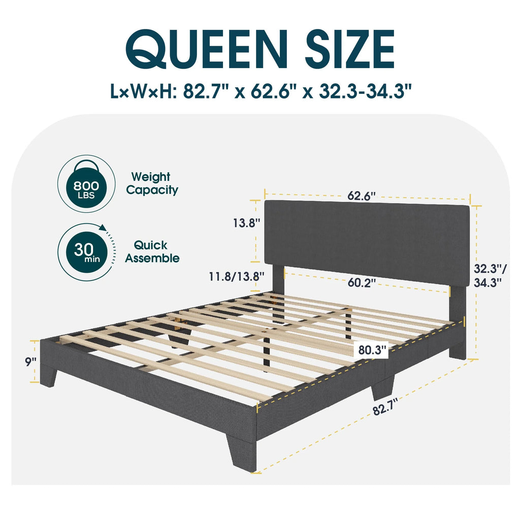 Queen Upholstered Platform Bed Frame with Adjustable Headboard Q65608