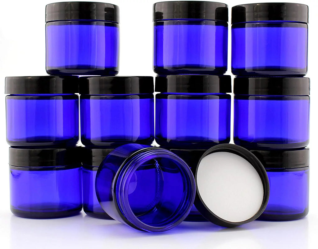 2 oz Cobalt Blue Glass Cosmetic Jars 12-Pack with Black Lined Lids V508