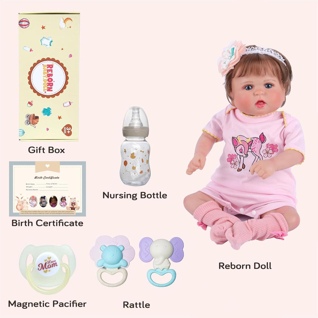 20 Inch Cloth Body Hand-Rooted Brown Hair Blue Eyes Poseable Reborn Baby Doll Z4149