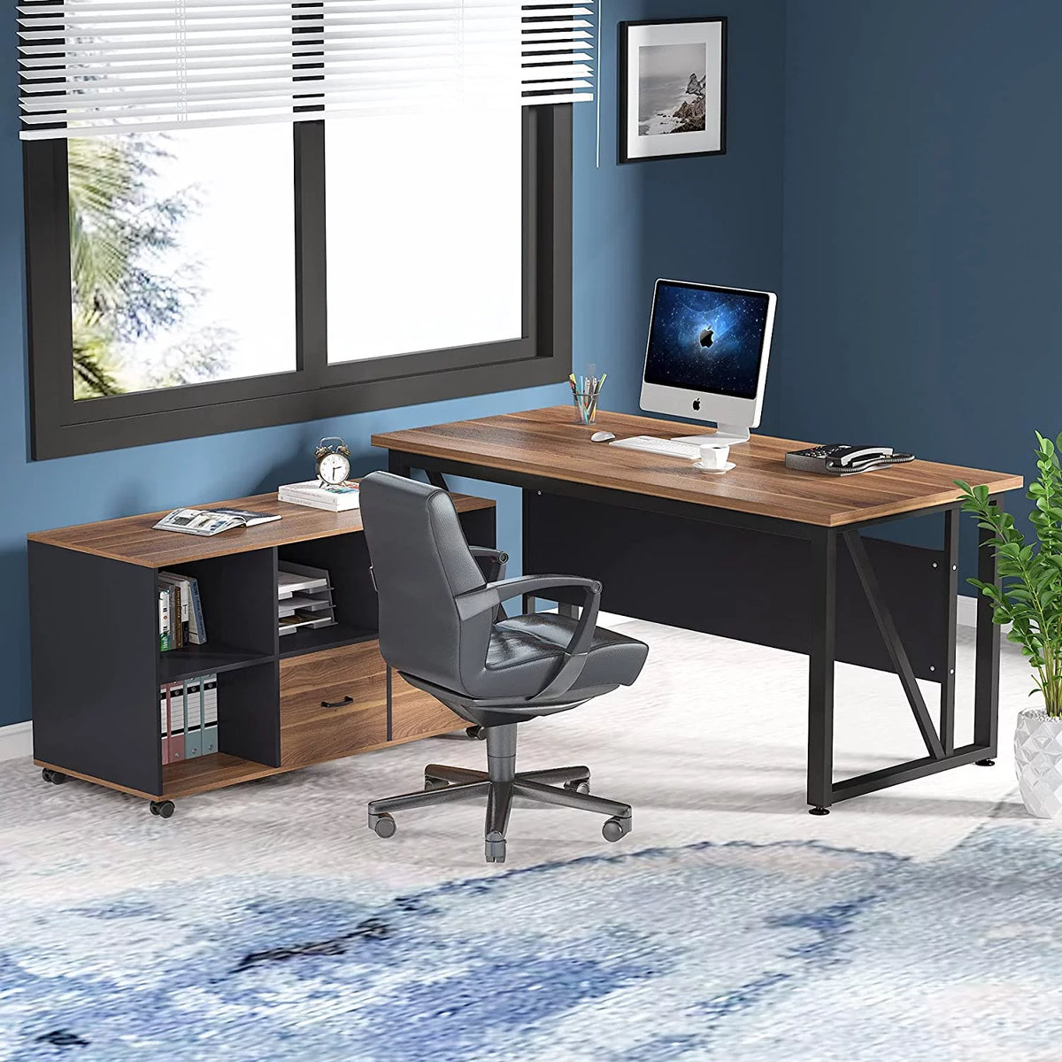 L-Shaped Computer Desk with File Cabinet and Storage Shelves F686