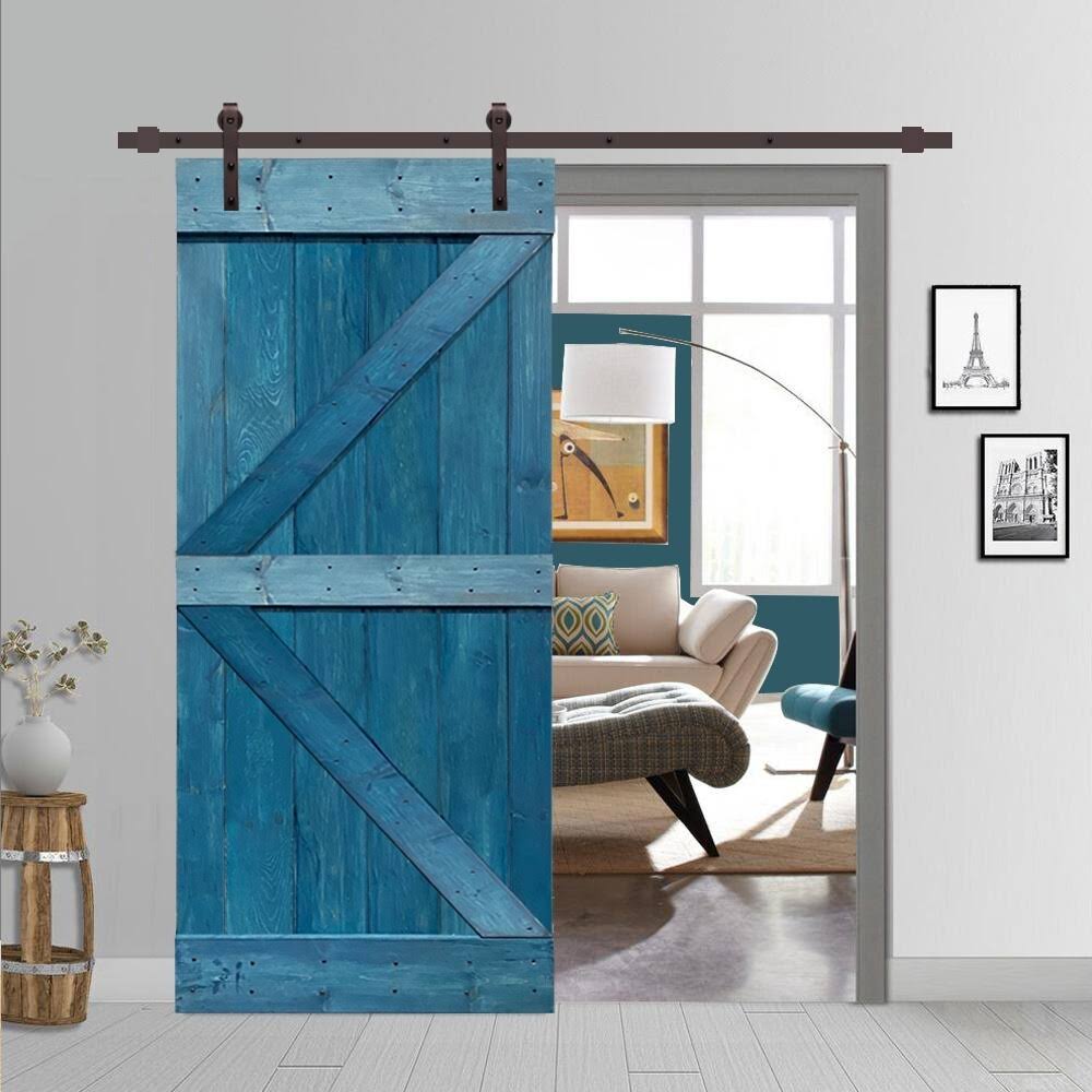 Ocean Blue Stained Wood Interior Sliding Barn Door with Hardware Kit O774007