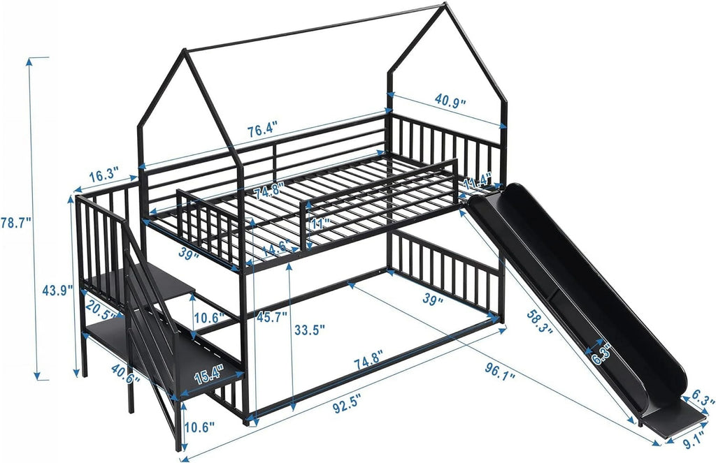 Black Metal Bunk Bed with Slide and Stairs T658