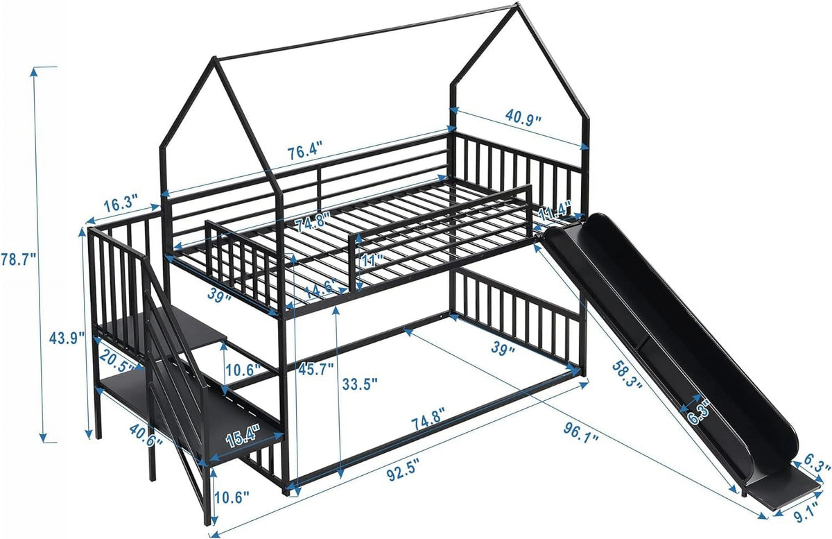Black Metal Bunk Bed with Slide and Stairs T658