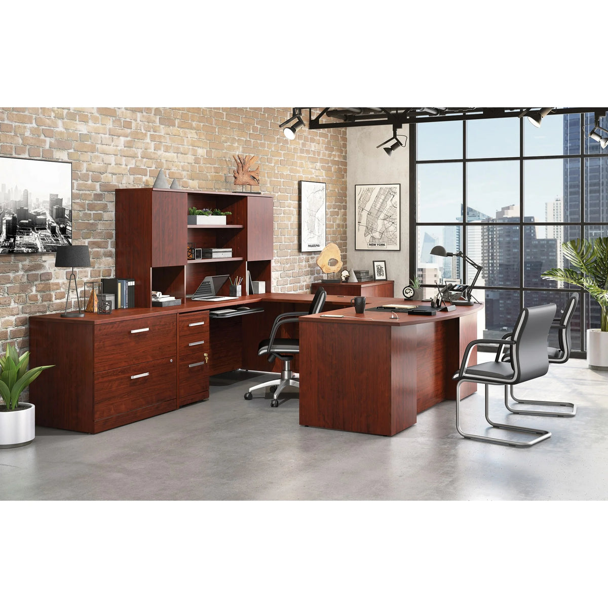 Cherry Bowfront Desk and 2-Drawer Mobile File Cabinet E8813